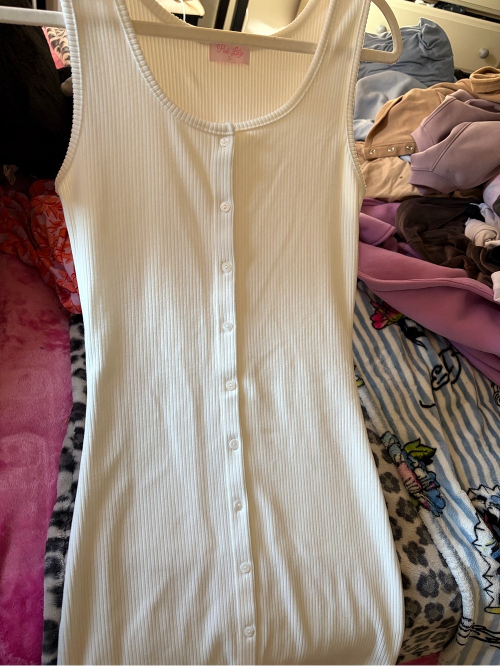 Pink Lily White Ribbed Button-Front Tank